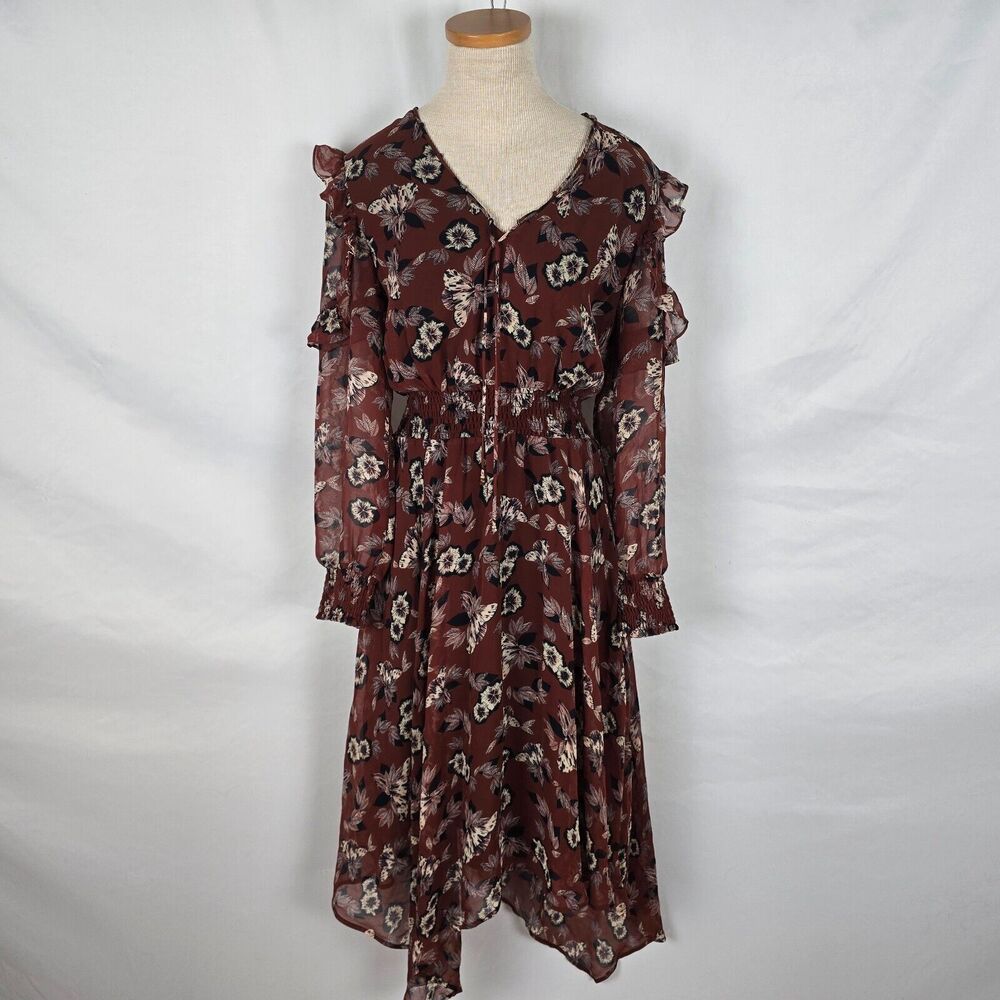 Sam Edelman Dress Women's 6 Rust Floral Fit & Flare Ruffle V-Neck Lined Flowy